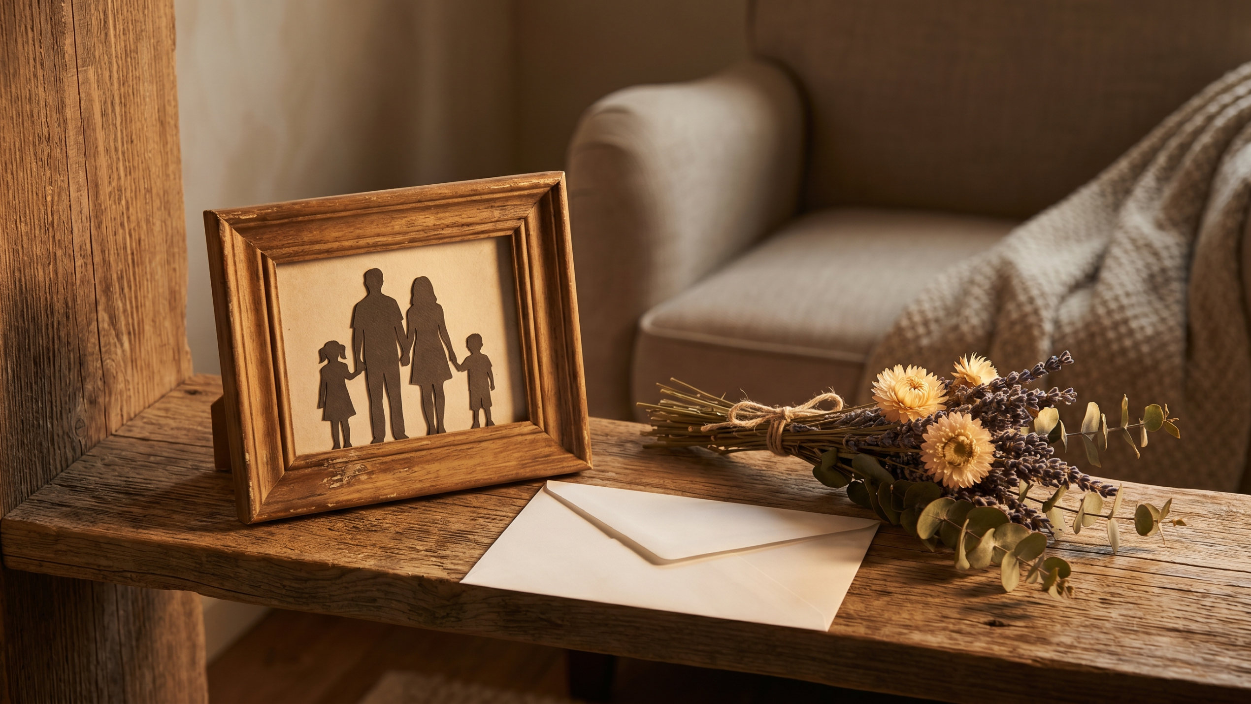Cadre photo familial et enveloppe fermée sur une étagère en bois, illustrant la clause bénéficiaire d'une assurance décès