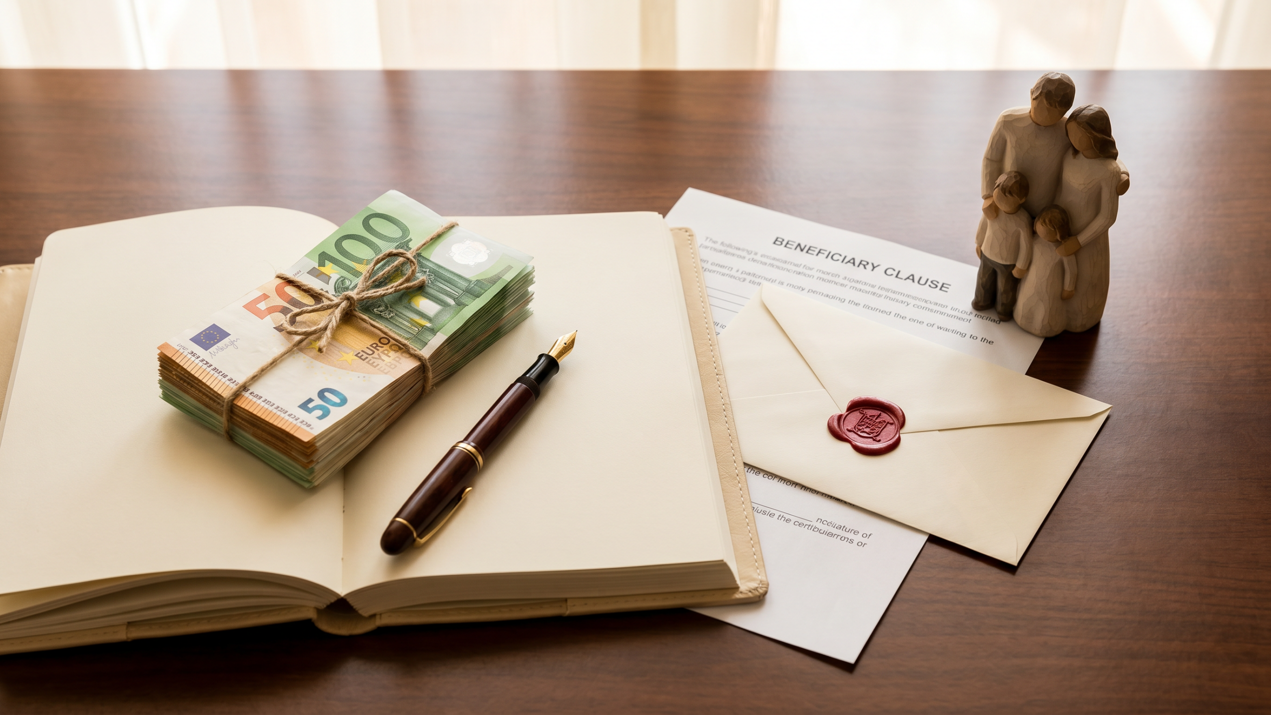 Carnet ouvert avec liasse de billets en euros, stylo plume, enveloppe scellée marquée clause bénéficiaire et figurine familiale, illustrant la transmission via assurance vie