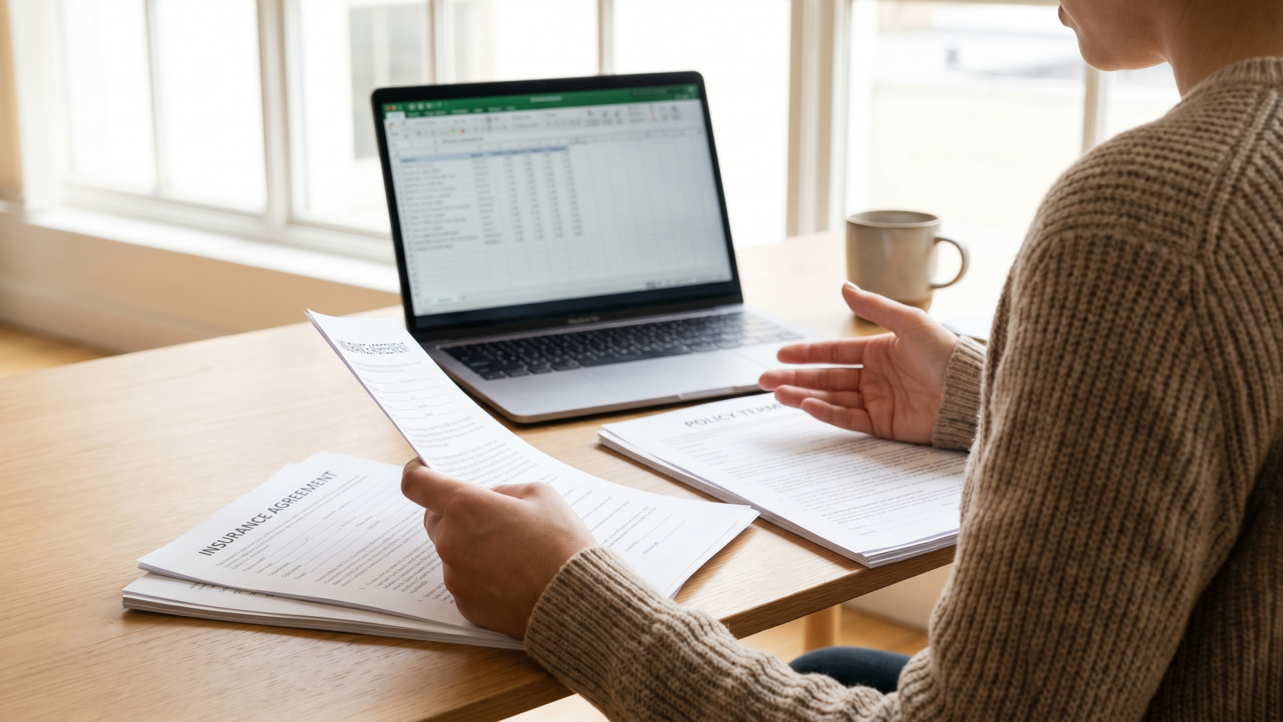 Personne examinant et comparant des contrats d'assurance avec un ordinateur portable, analyse avant résiliation