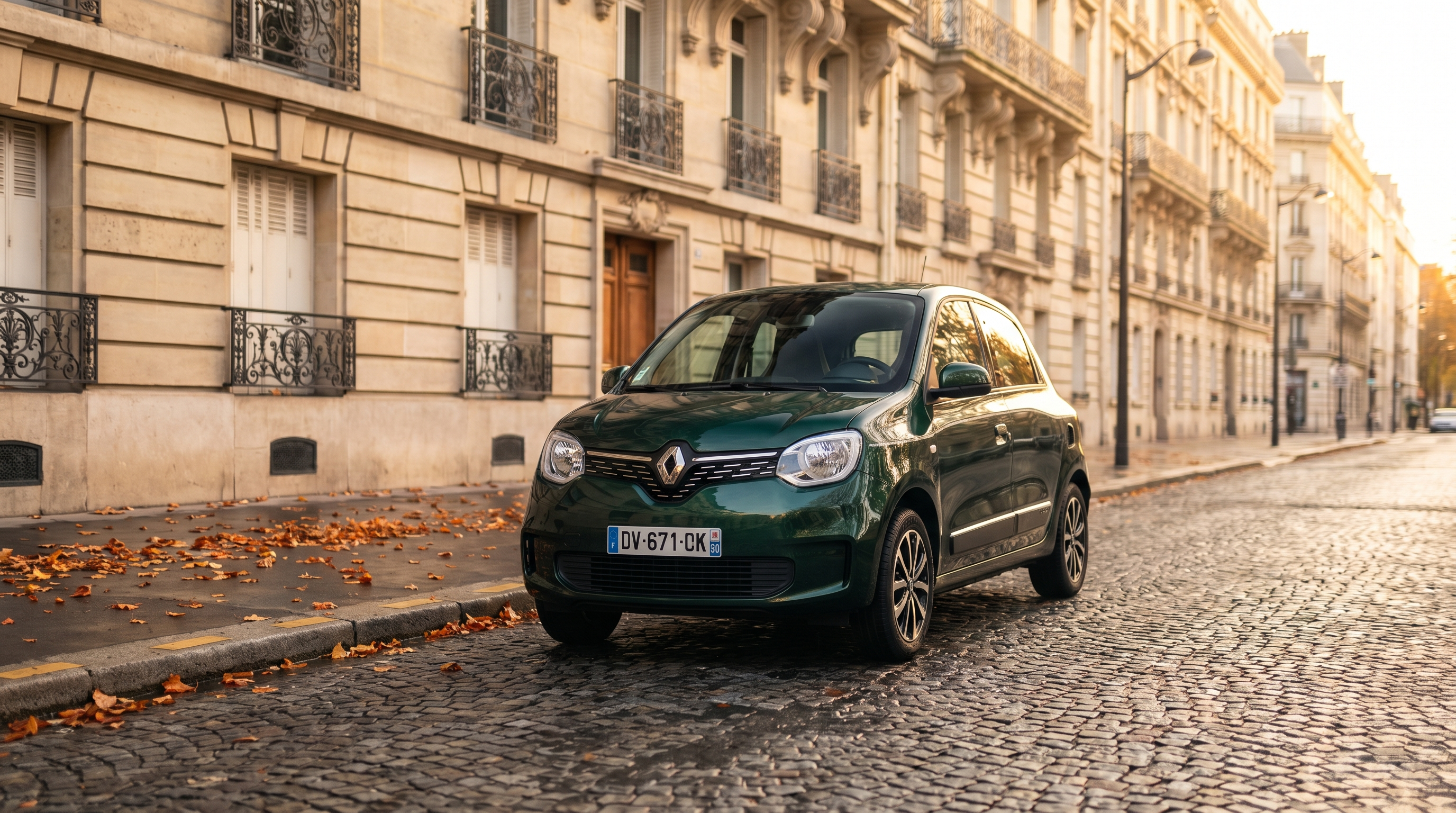 Voiture compacte garée dans une rue parisienne haussmannienne, illustrant l'usage urbain limité de l'assurance auto au kilomètre