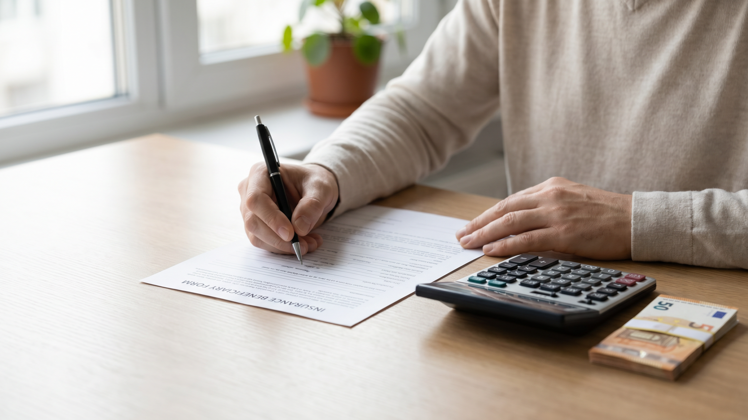 Personne remplissant un formulaire d'assurance décès avec calculatrice et billets en euros, illustrant le tarif d'une assurance décès