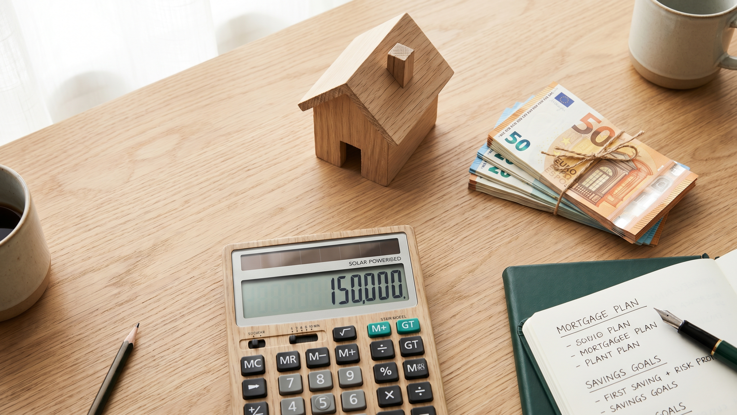 Maquette de maison, calculatrice et billets en euros illustrant les économies réalisables grâce à la loi Lemoine