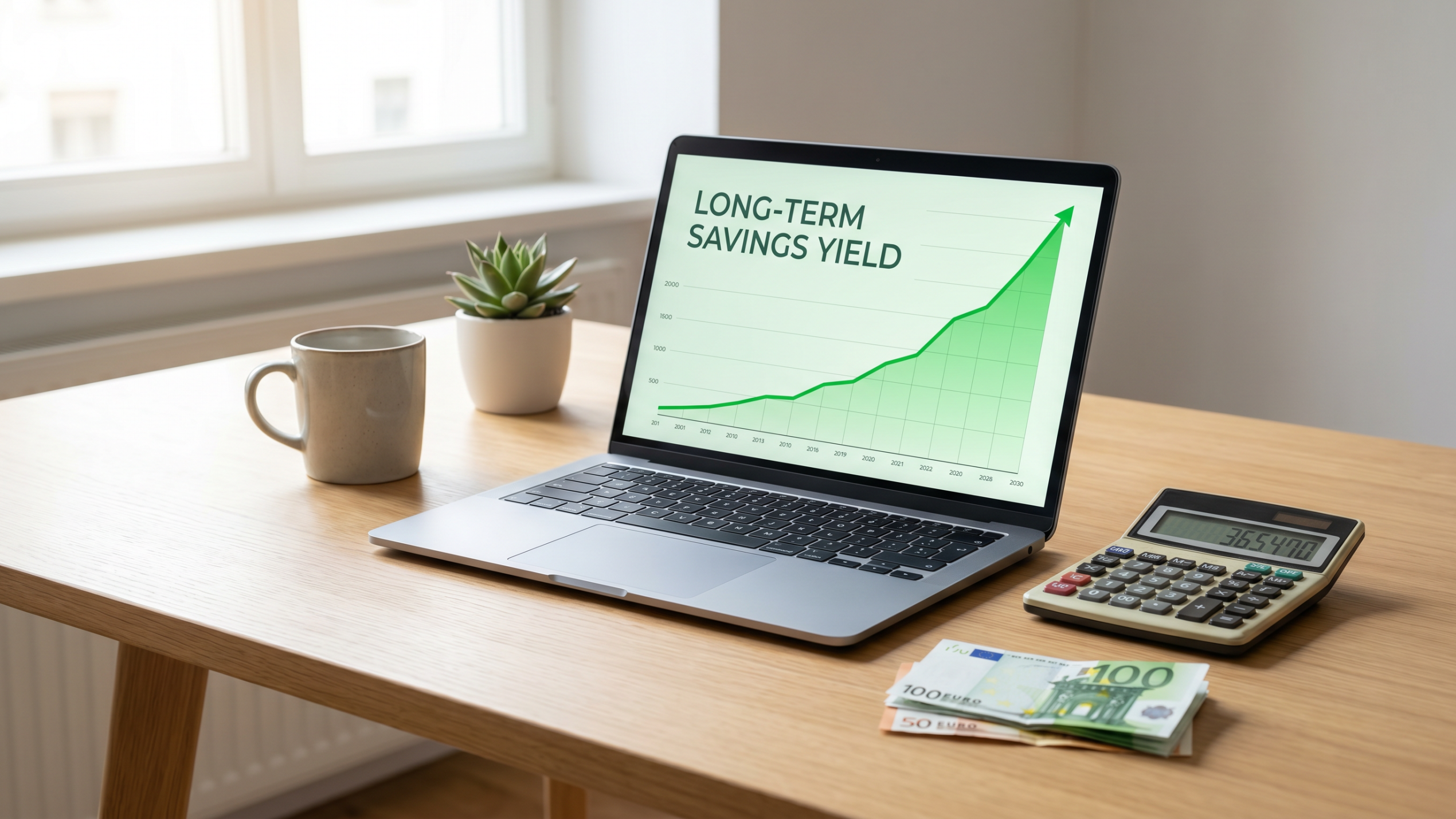Ordinateur portable affichant un graphique de croissance long terme avec calculatrice et billets en euros, illustrant le rendement d'une assurance vie