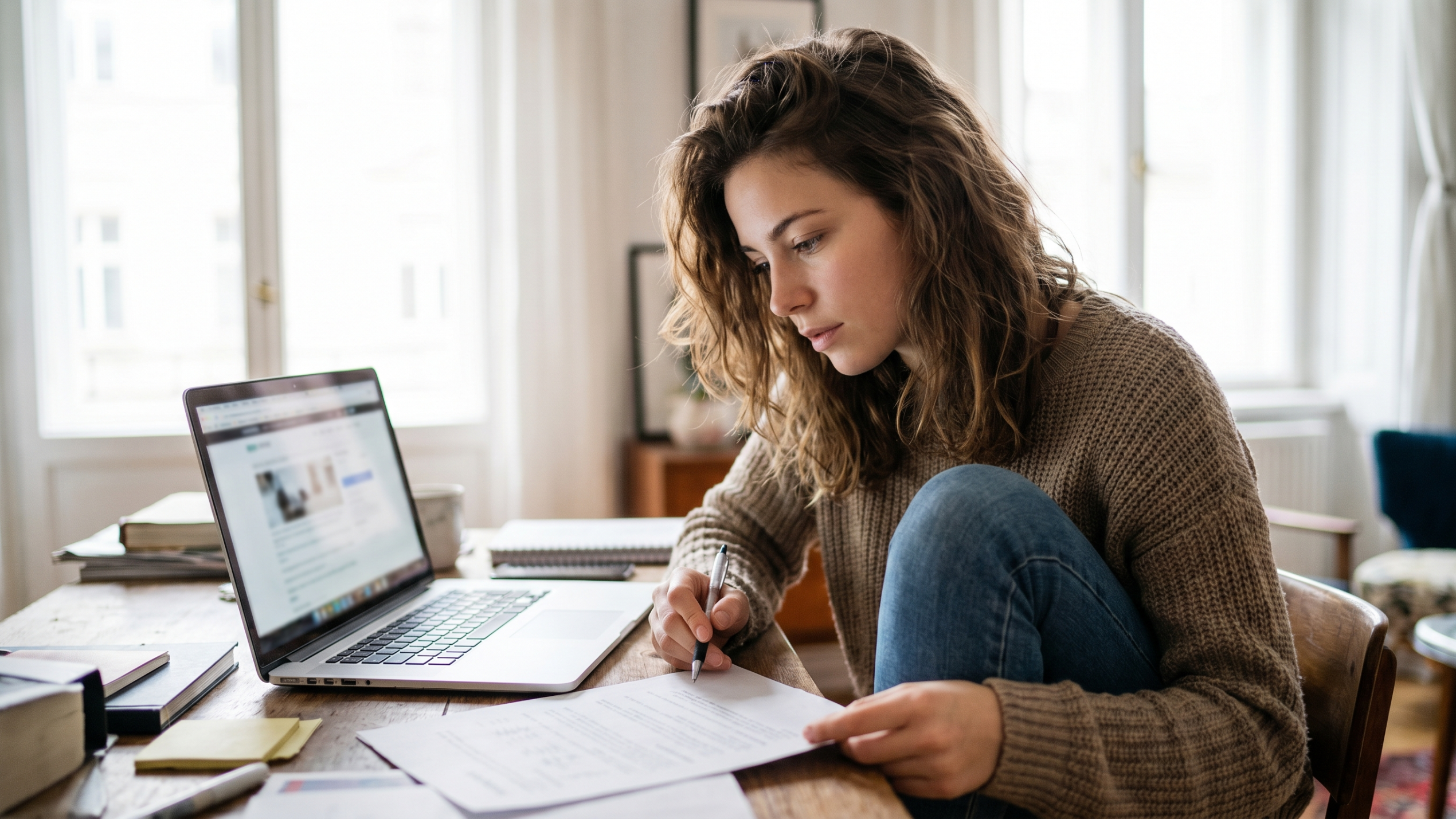 Étudiante remplissant un contrat d'assurance habitation étudiant sur son ordinateur portable, souscription en ligne