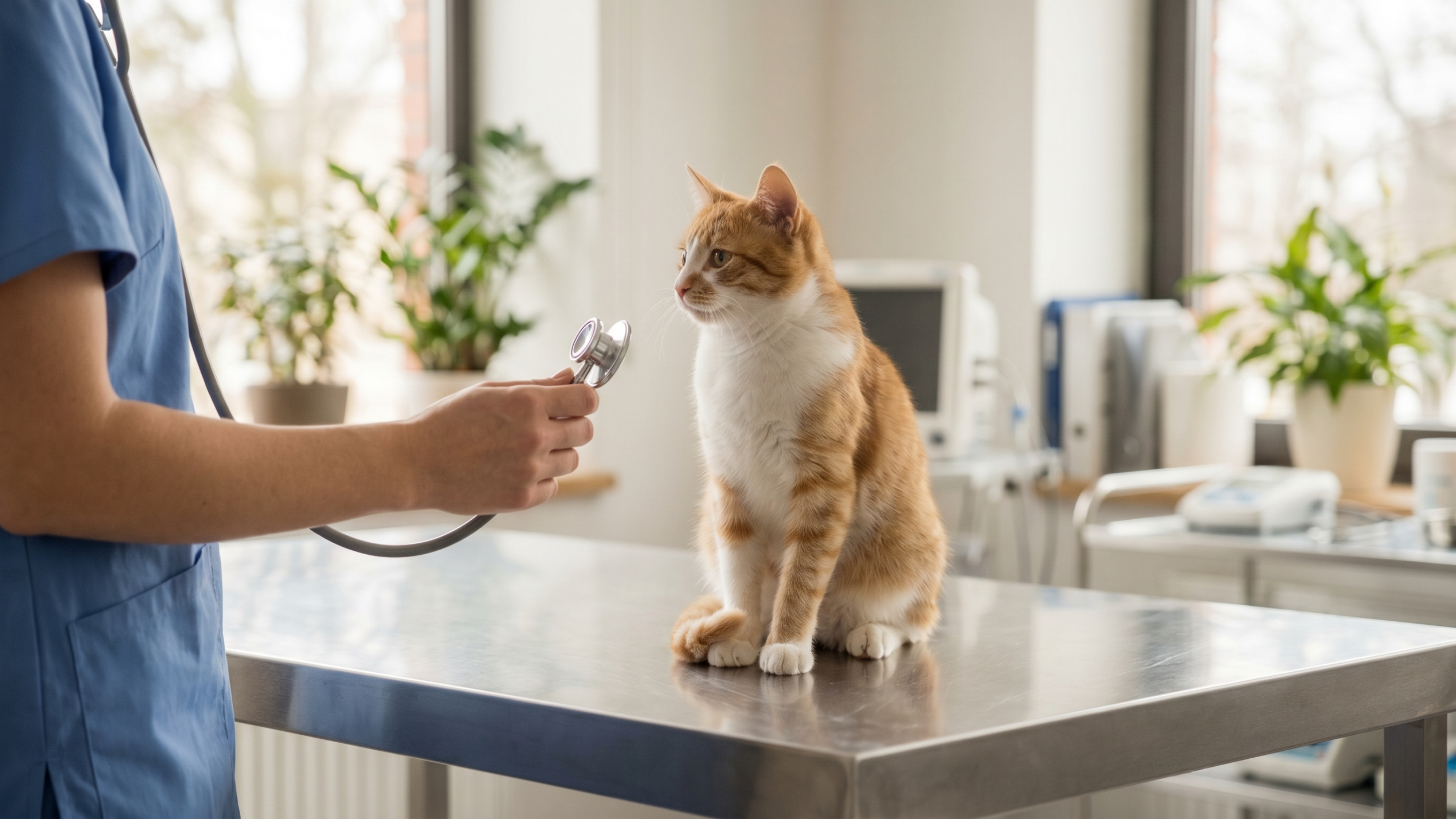 Vétérinaire auscultant un chat avec un stéthoscope dans un cabinet moderne, illustrant la mutuelle pour animaux de compagnie