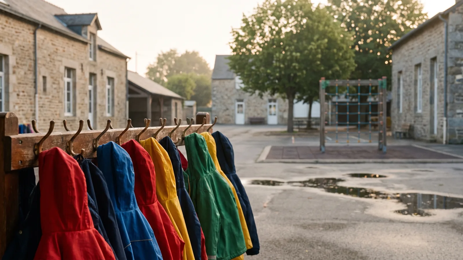 Cour d école et porte-manteaux au calme le matin