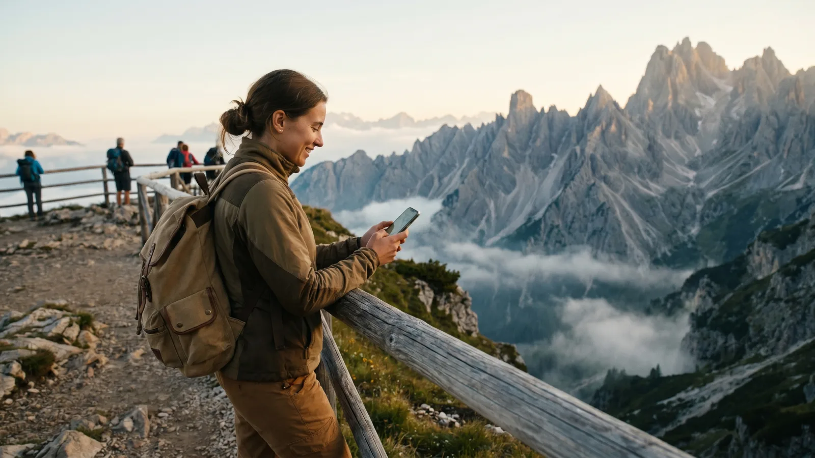 Voyageuse consultant son smartphone devant un paysage de montagne