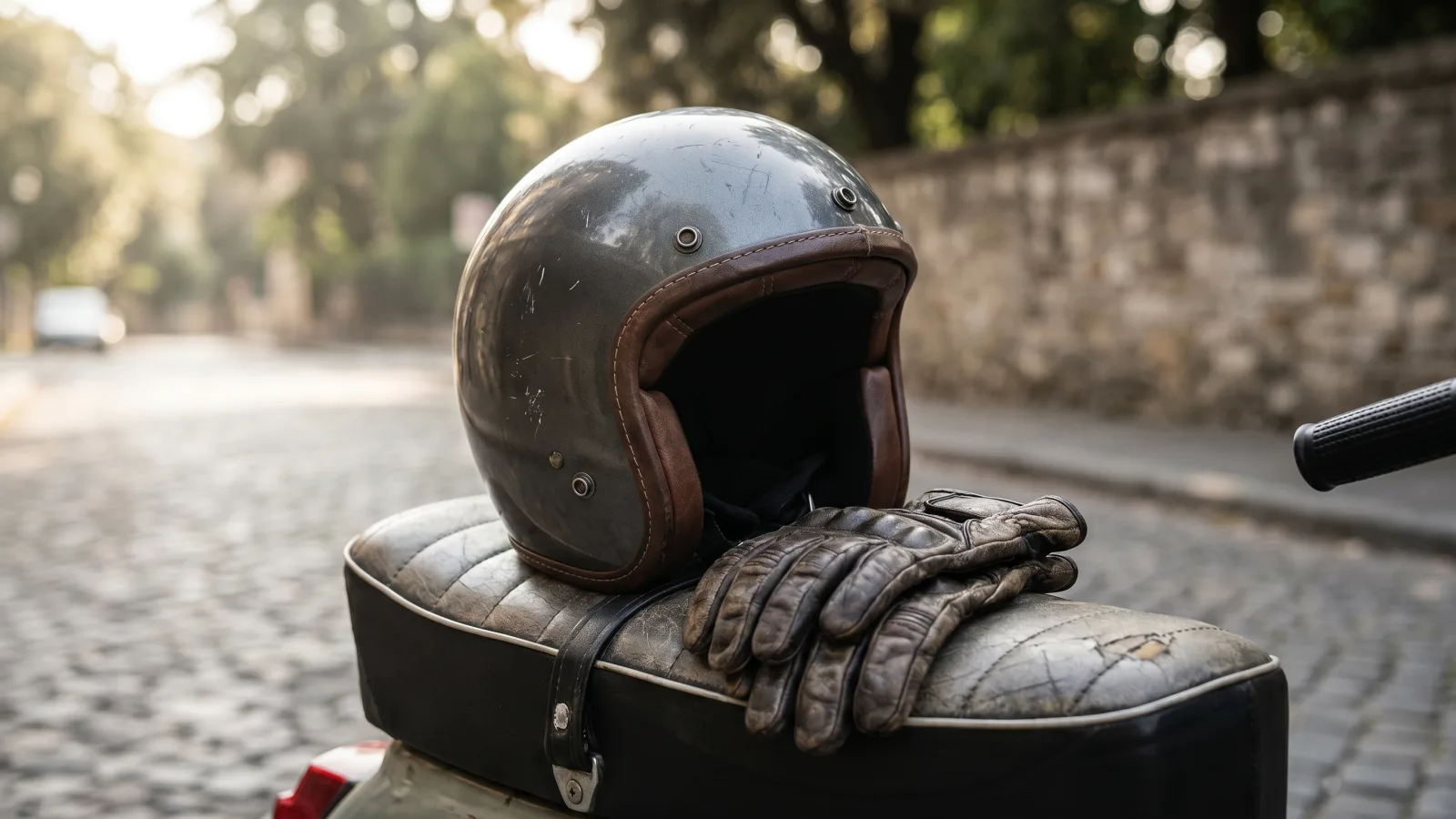 Casque et gants sur un scooter 50cc, garantie du conducteur
