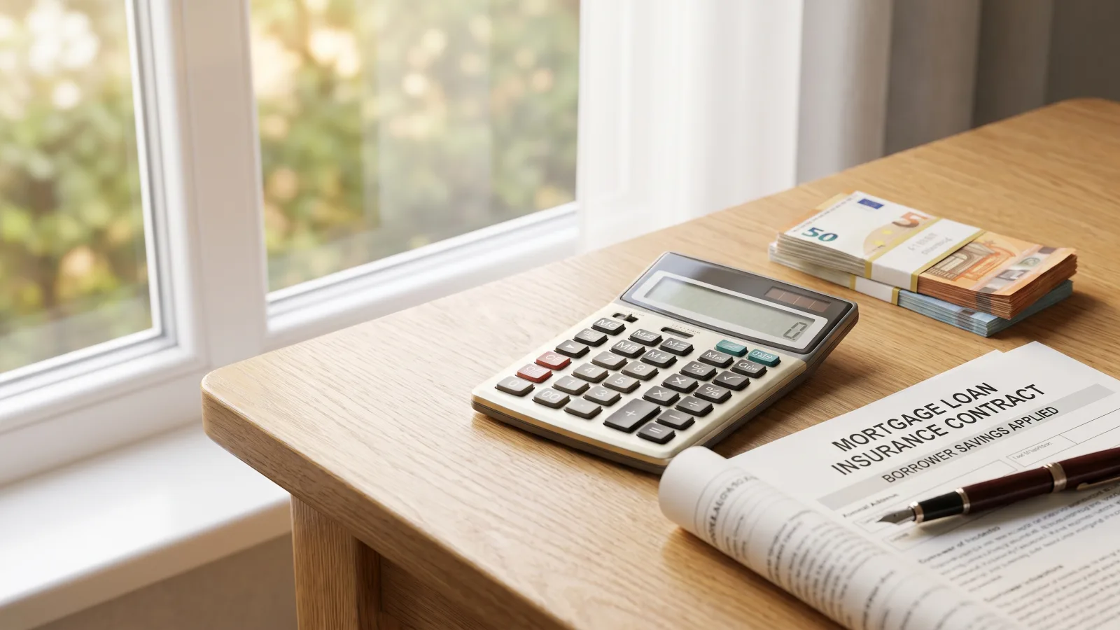Calculatrice et billets symbolisant les économies sur l'assurance de prêt