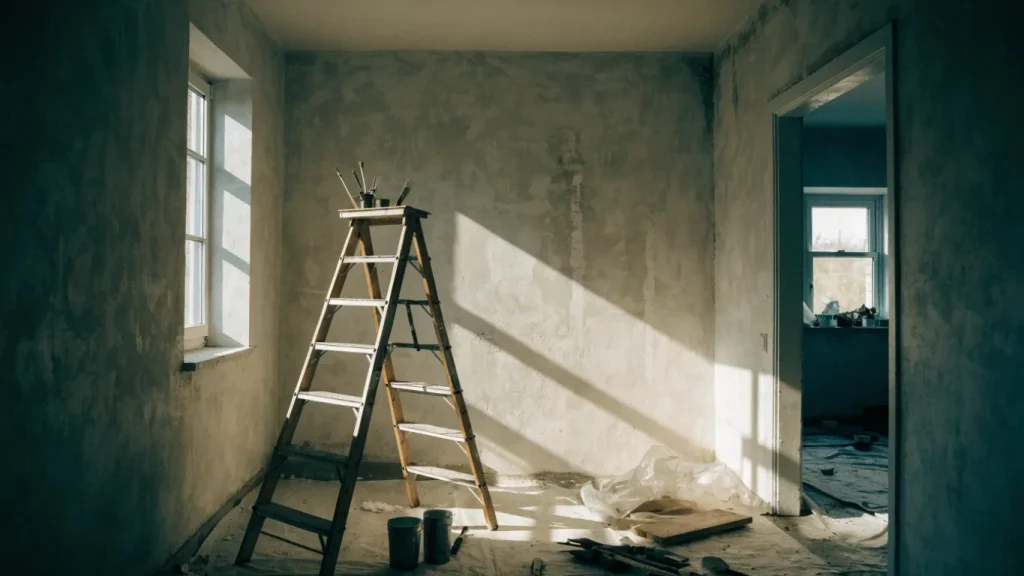 Pièce en cours de rénovation avec un escabeau et des outils sur une bâche