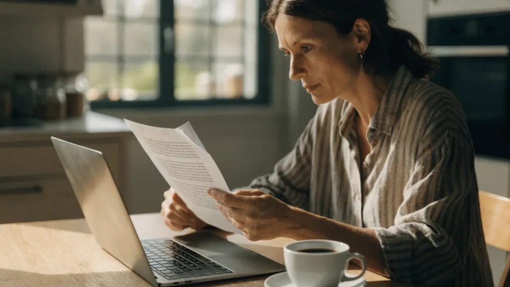 Femme comparant les garanties de son contrat d'assurance auto à son domicile