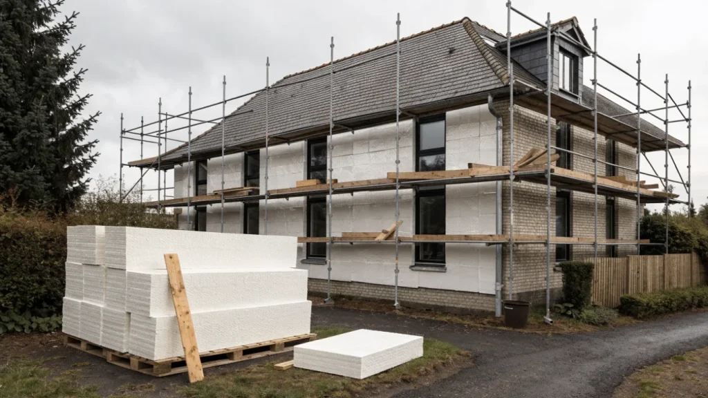 Maison en cours d'isolation par l'extérieur avec échafaudage et panneaux