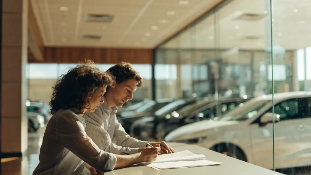 Couple comparant les offres de financement automobile dans une concession